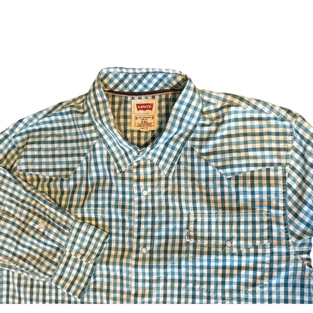Mens‎ Levi's Western Shirt XXL Gingham Check Pearl Snap Button Modern Fit Teal